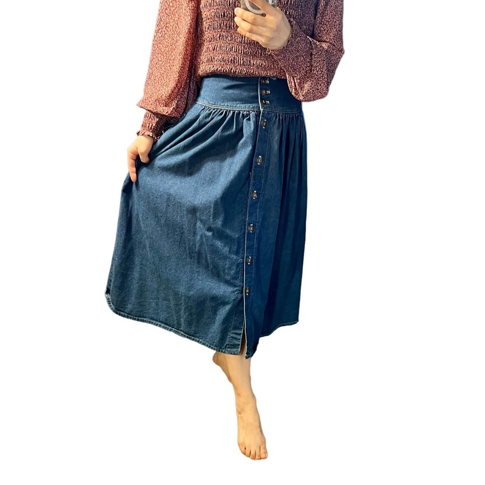 Vintage Blue Denim High-Waisted Button-Down Flared Skirt XS